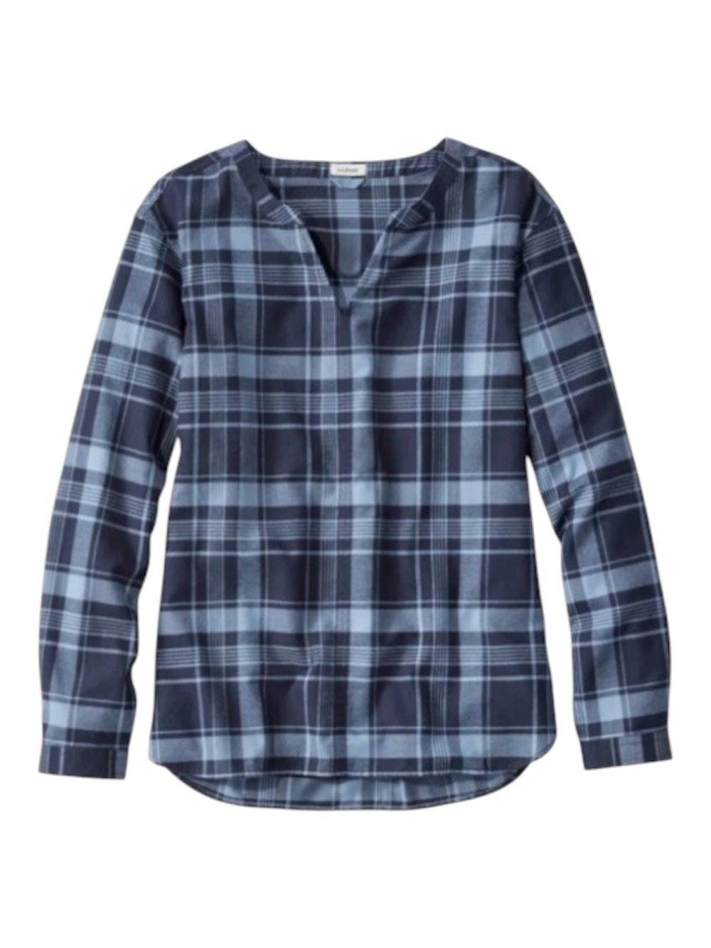 L.L. Bean Blue Plaid 100% Cotton Whisperweight Flannel Popover Shirt Size Large